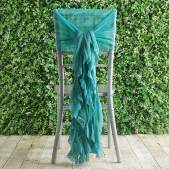 1 Set Turquoise Chiffon Hoods With Ruffles Willow 250 Chair Sashes - Picture 2 of 3
